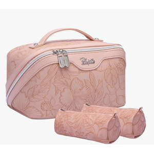 BOYATU Travel Makeup Bags Cosmetic Organizer Bag: 3-Set Large Capacity Make up Bag - PU Leather Toiletry Bags for Women - Wide Open Portable Pouch with Divider & Handle (01-Z-Pink)