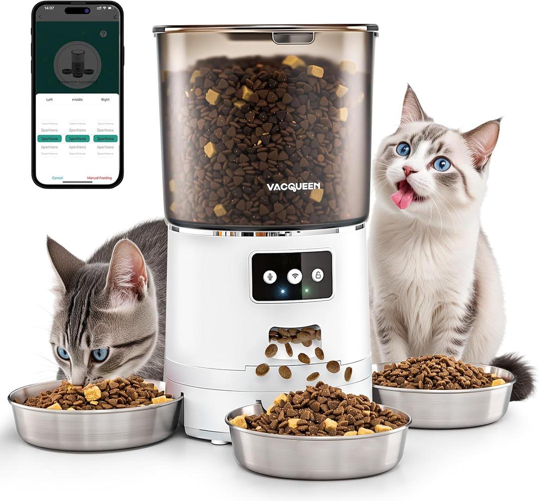 Automatic Cat Feeder for 3 Cats, 6L/25 Cups Smart WiFi Pet Feeder, Strong Anti-Jam System, Dual-Effect Desiccant Cat Food Dispenser, with 10S Voice Recorder for Cats and Small Dog (White)