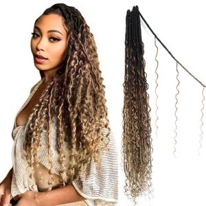 Boho Goddess Faux Locs Crochet Hair 30 Inch 8 Packs Distressed Soft Locs Pre Looped Crochet Braids with Curly Ends (80 Strands, 1B/30/27)