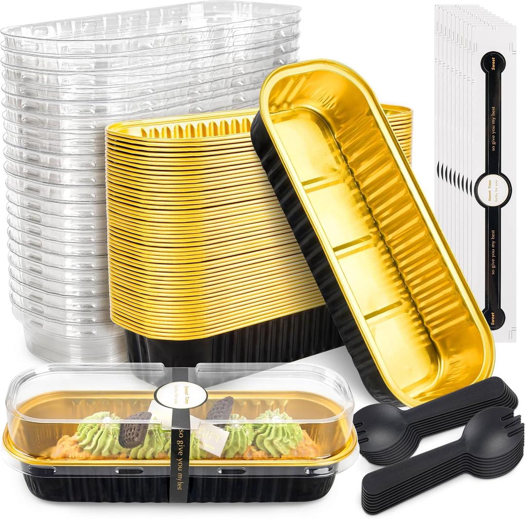 50 Pack Mini Cake Pans with Lids and Spoons Black Gold Rectangular Aluminum Foil Baking Pans Mini Cheesecake Containers(6.8oz)