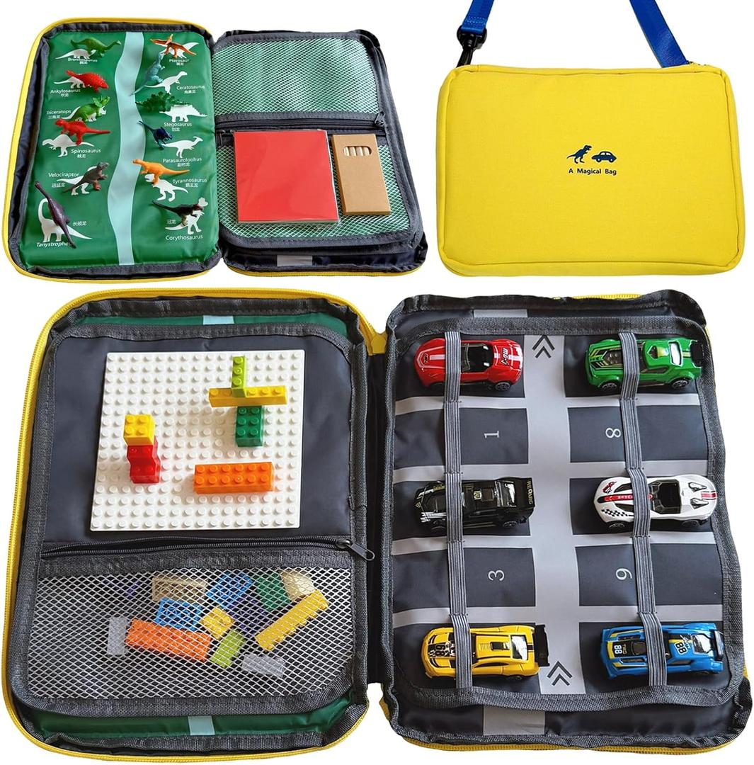 Portable kids toys storage bag with alloy toy cars, simulated dinosaurs, building blocks, base plates and a city road map. Educational travel toy set, suitable as a birthday gift for children aged 3-6