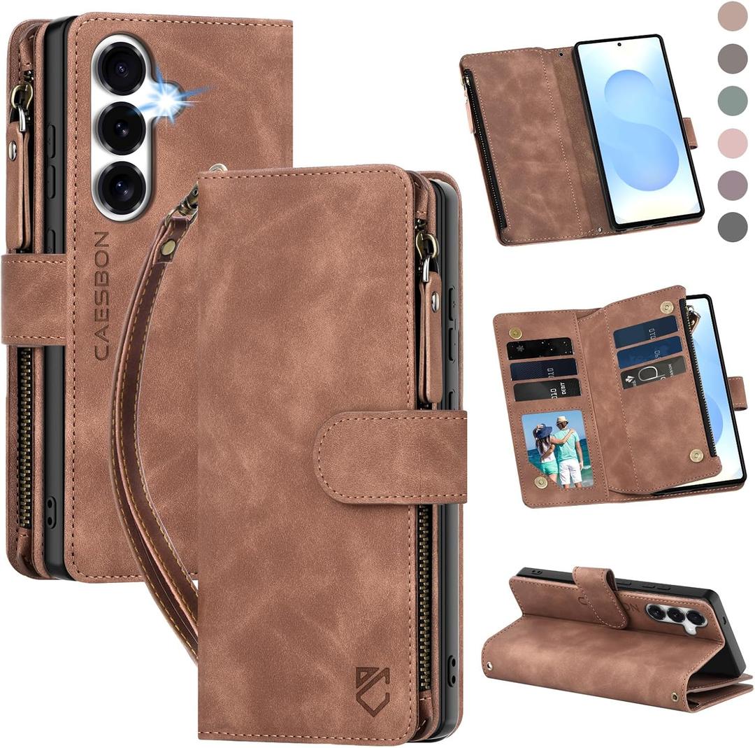 for Samsung Galaxy S25-Wallet Case: for Galaxy S24 Case with RFID Blocking Card Slots (6 Cards) | Soft PU Leather Magnetic Snap Zipper Pocket | Wrist Strap Protective Phone Cover -Brown