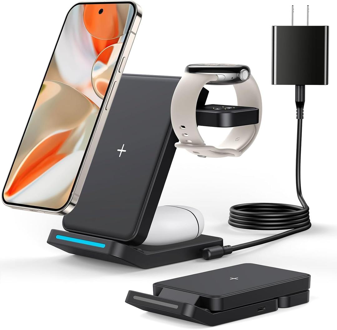 Foldable Wireless Charger for Google Pixel Watch 3/2, 3 in 1 Fast Charging Station Stand for Pixel 10 Pro XL/10 Pro/9/8/7 Pro/8a/8/7/6 Pro and Buds (Not for Pixel Watch 4/1) with QC Adapter (Black)