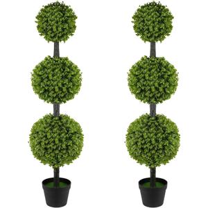 2 Pack Artificial Topiary Ball Tree 4FT, Set of 2 Faux Triple Balls Tree in Pot Shrubs Plants for Outdoor Front Door Porch Plant Outdoor