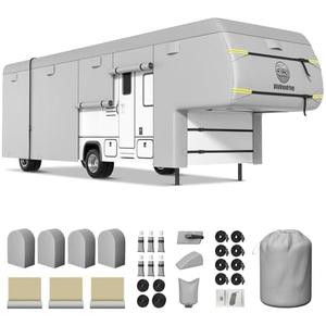 5th Wheel Travel Trailer RV Cover 29-33ft, Multi-Layer Breathable Rip-Stop Camper Cover with Water-Resistant Coating, Repair Kit, Gutter Protection, Tire Straps (Class C Motorhome)