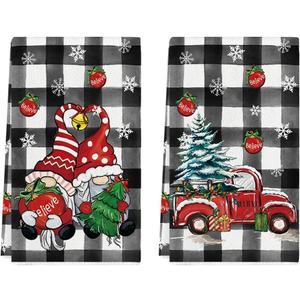 Artoid Mode Gnome Truck Christmas Kitchen Towels Dish Towels, 18x26 Inch Holiday Believe Xmas Tree Winter Decoration Hand Towels Set of 2 (Black/Beige)