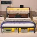 J.Fkne Full Bed Frame with Charging Station and LED Lights, Metal Platform Bed with 2 Storage Drawers, Upholstered Headboard, Noise Free, No Box Spring Needed, Easy Assembly