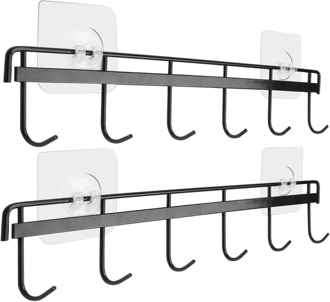 YiZhi Adhesive Wall Hooks Rack Kitchen Rail, Space Saving Utensil Holder No Drilling Wall Mounted Accessory Hanger with 6 Hooks for Kitchen Bathroom Bedroom Pack of 2 (Black)