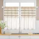 FRAMICS Farmhouse Kitchen Curtains 36 Inch Length Striped Short Curtain for Windows Boho Crochet Small Window Curtains for Kitchen Rod Pocket Light Filtering Tier Curtain for Bathroom, Cafe (Linen)