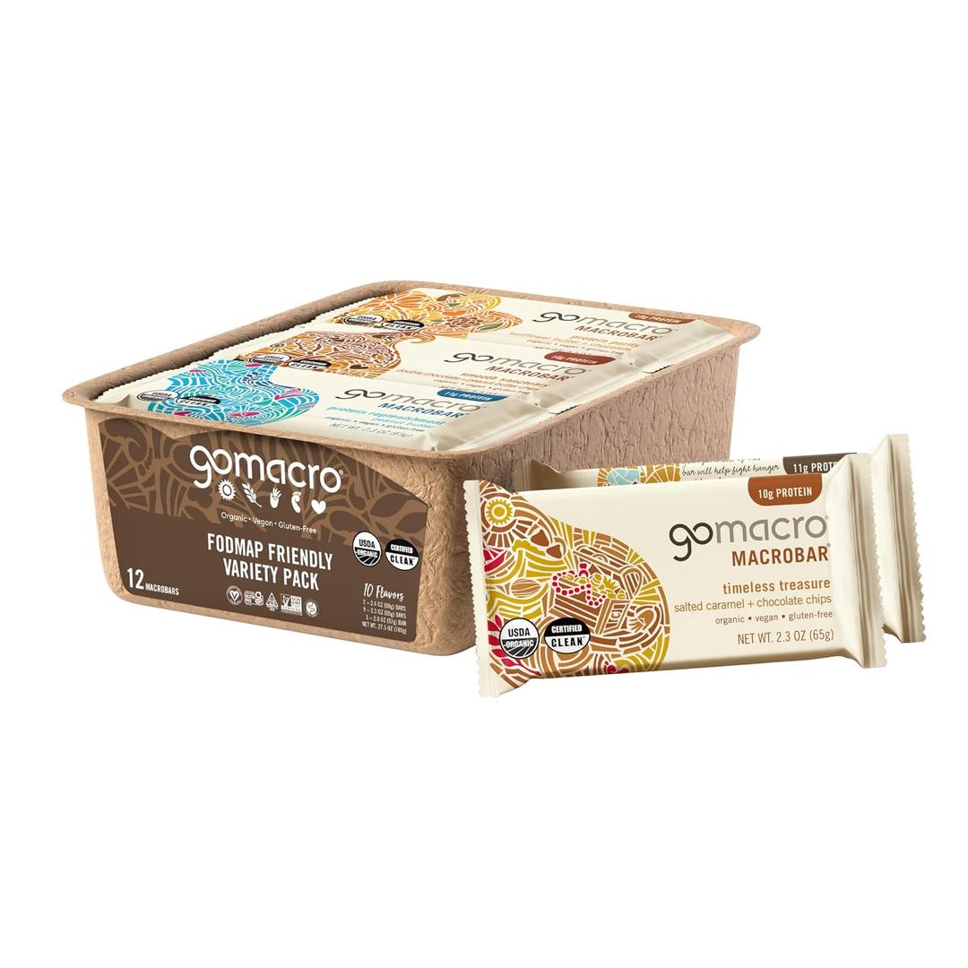 GoMacro MacroBar Organic Vegan Protein Bars - FODMAP Friendly Variety Pack (2.0-2.3 Ounce Bars, 12 Count) Expiry: 06/06/26