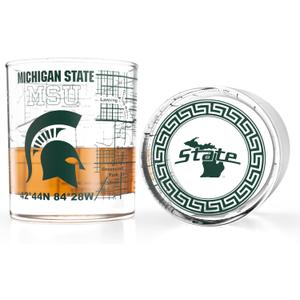 Greenline Goods  Michigan State University Spartans College Whiskey Glasses (Set of 2), 10 oz  Full-Color Logo + Campus Map