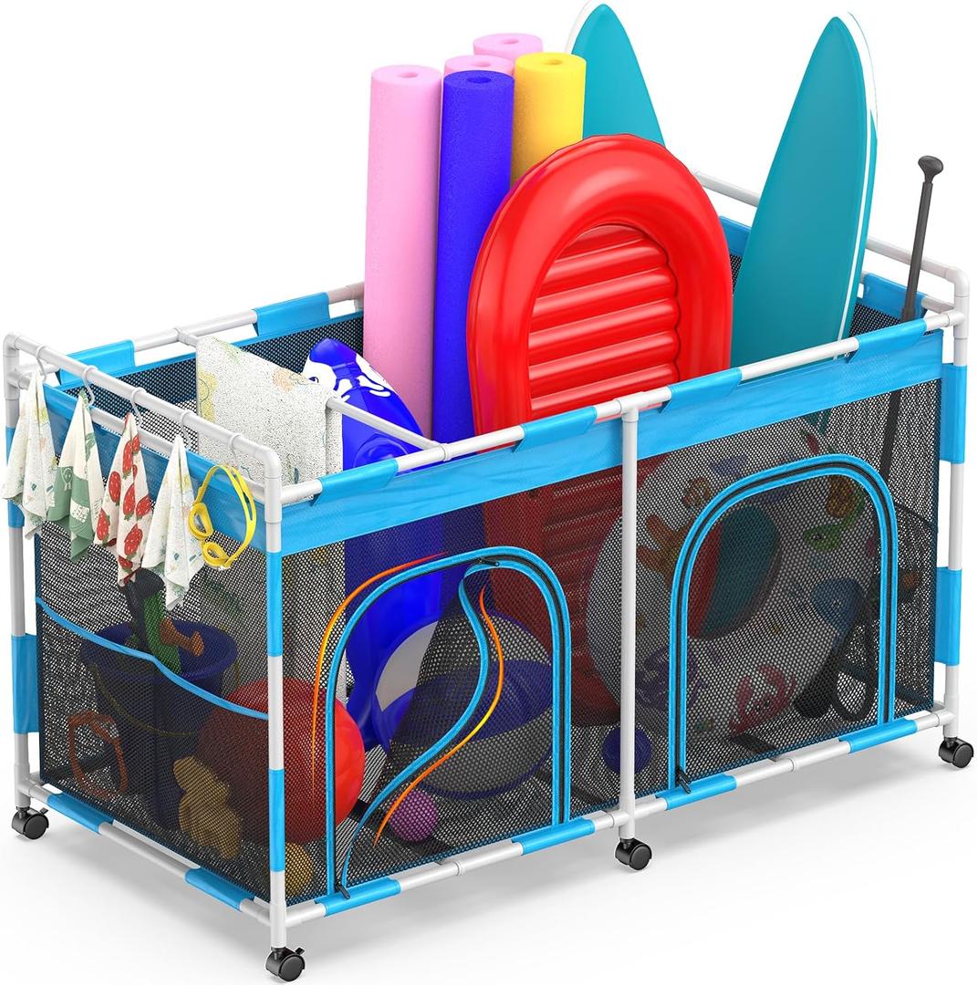 Pool Float Storage Organizer - 288 Gallon XXX-Extra Large Capacity Pool Toy Storage Bin for Noodles, Goggles, Floats & Balls - Outdoor Pool Toy Holder with Mesh Rolling Cart for Swimming Equipments