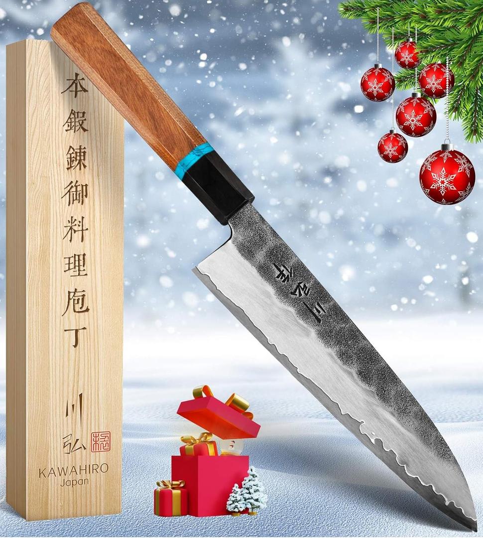 KAWAHIRO Japanese Chef Knife, 210mm Black Forged VG10 Kitchen Knife, Handcrafted Professional Chefs Knife with Ergonomic Handle, Perfect Birthday Gifts for Men Women, Luxury Gift Wood Box