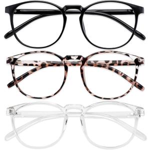 Przene 3 Pack Blue Light Blocking Glasses Women/Men,Retro Round Computer Glasses Anti Eye Strain/UV/Glare, Gaming Glasses. (Black/Crystal/Transparent Amber)