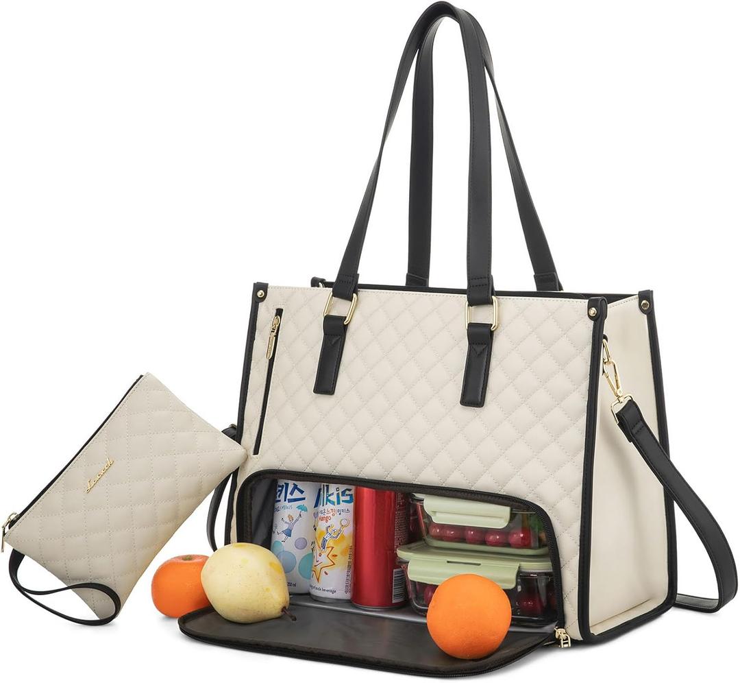 LOVEVOOK Lunch Tote Bag for Women, 15.6 Inch Laptop Bag with Insulated Lunch Compartment, Quilted Large Capacity Computer Handbag with Purse for Business, Work, Collage, Office, Casual, Beige-black