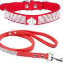 Haoyueer Cute Dazzling Sparkling Elegant Fancy Soft Suede Leather Bling Rhinestone Crystal Jeweled Pet Cat Dog Puppy Collar Dog Leash Combo Set (XS, Red-5)