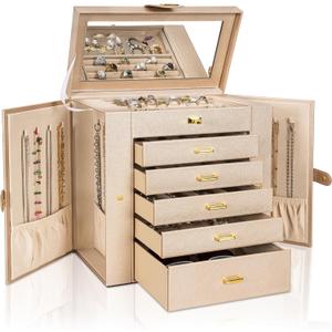 AKOZLIN Huge Jewelry Box Organizer Functional Extra Large Leather Jewelry Storage Case for Women Girls Ring Necklace Earring Bracelet Holder Organizer with Mirror (Champagne)