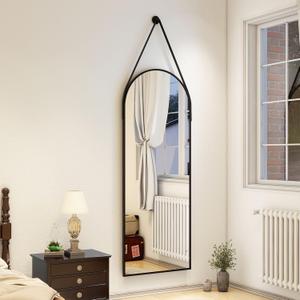 16''x48'' Full Length Mirror, Modern Arched Door Mirror Full Length with Hanging Leather Cord, Wall Mounted Mirror with Hanging Leather Strap for Bathroom Vanity Living Room Bedroom EntranceBlack