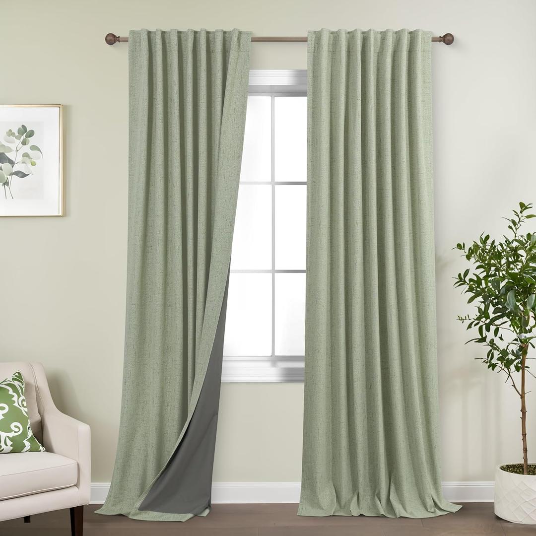Sage Green Linen Blackout Curtains for Bedroom 84 Inch Long Black Out Pleated Thermal Darkening Light Blocking Boho Farmhouse Cottage Core Soundproof Sound Proof Curtains for Office Window Living Room (52"W x 84"L (Pack of 2))