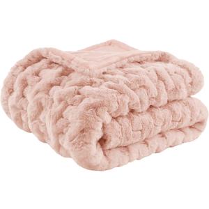 Madison Park Ruched Luxury Throw Premium Soft Cozy Brushed Long Faux Fur For Bed, Couch or Sofa, 50"x60", Blush