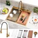 25x22 Gold Drop In Kitchen Sink with Faucet - 25 Inch Stainless Steel Drop In Sink and Faucet Combo, Gold Single Bowl Kitchen Sink Workstation with Accessories