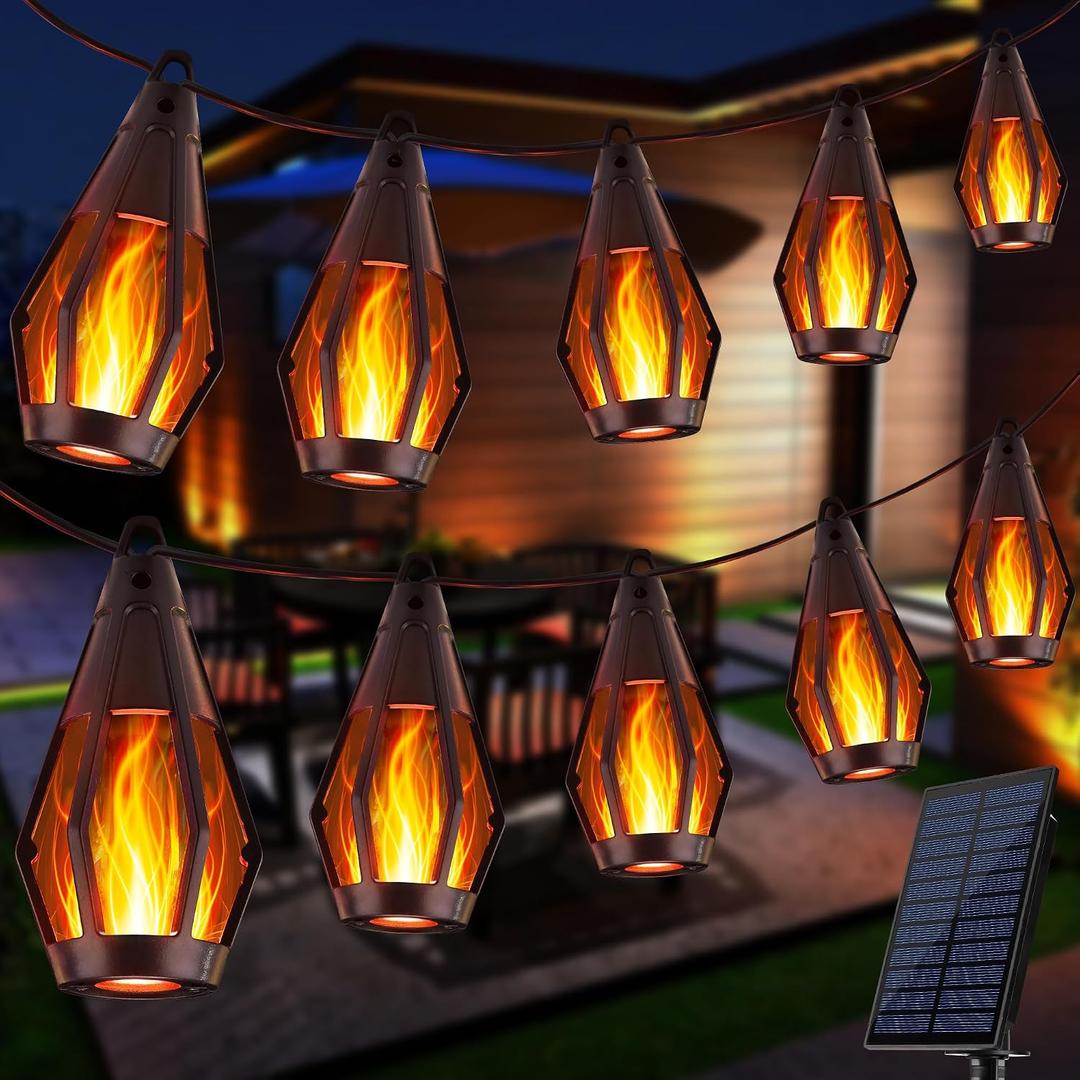 Flacchi Solar String Lights Outdoor, 41FT Flame Solar Powered Patio Lights with 15 Bulbs 150 LEDs, Waterproof Outdoor String Lights for Garden Yard Patio Decor, Outside Decor for Party Camping BBQ
