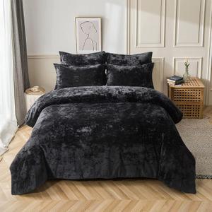 Fredsure Distressed Velvet Comforter Set, 5 Pieces Black King, Distressed Velvet Face and Brushed Microfiber Reverse