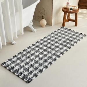 Waffle Runner Rug Bathroom, Long Boho Bathroom Rugs Non Slip Washable Absorbent Checkered Bathroom Mat Quick Dry Farmhouse Bath Mat, 72"x24" Black and White