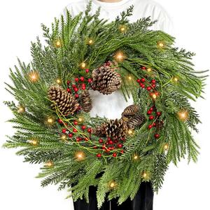 8 Modes & Timer - 24" Lighted Christmas Wreaths for Front Door with 50 LED, Real Touch Norfolk Pine Wreath Cedar & Cypress Tips Pinecones Berries Artificial Xmas Door Wreath for Home Indoor Wall Window
