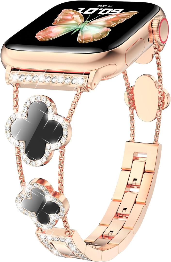 Bling Diamond Band Compatible with Apple Watch Bands for Women 42mm 44mm 45mm 46mm Series 11 10 9 8 7 6 5 4 SE 3 2 1, Sparkle Metal Bracelet Wristband, Cute Lucky Clover Dressy iWatch Band,Rose Gold/Black