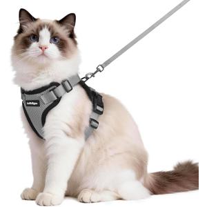 rabbitgoo Cat Harness and Leash for Walking, Escape Proof Soft Adjustable Vest Harnesses for Cats, Easy Control Breathable Reflective Strips Jacket, Grey, M