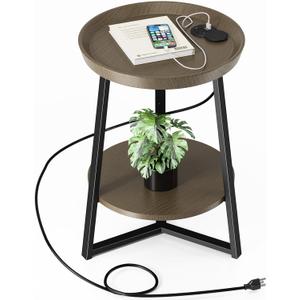 Gadroad Round End Table with Charging Station, USB Ports, Wood Tabletop & Black Metal Frame, 2-Tier Side Table for Living Room, Bedroom, Walnut Color 15.7 * 15.7 * 23.0inches