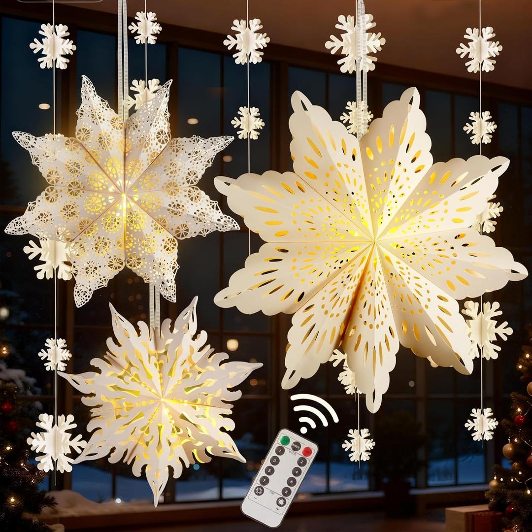 3Pcs Christmas Paper Snowflake Lanterns, Large Christmas Paper Star Lanterns with Lights & Banner White Hanging Snowflake Lamps for Xmas Winter Frozen Weddings Birthday Holiday Party Decorations
