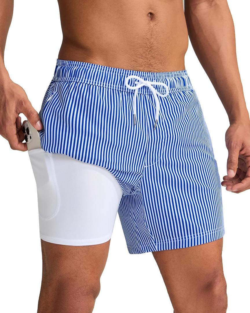 maamgic Mens Swim Trunks with Compression Liner 5 Inch, Quick Dry Bathing Suit with Zipper Pockets, No-Chafing Swim Shorts (XX-Large, Blue White Stripe)