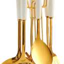 7pcs Stainless Steel Kitchen Utensils Set with Holder, Kitchen Accessories for Cooking Includes Soup Ladle, Metal Spatula, Slotted Spoon, Slotted Spatula, Pasta Spoon, White Gold (Large)