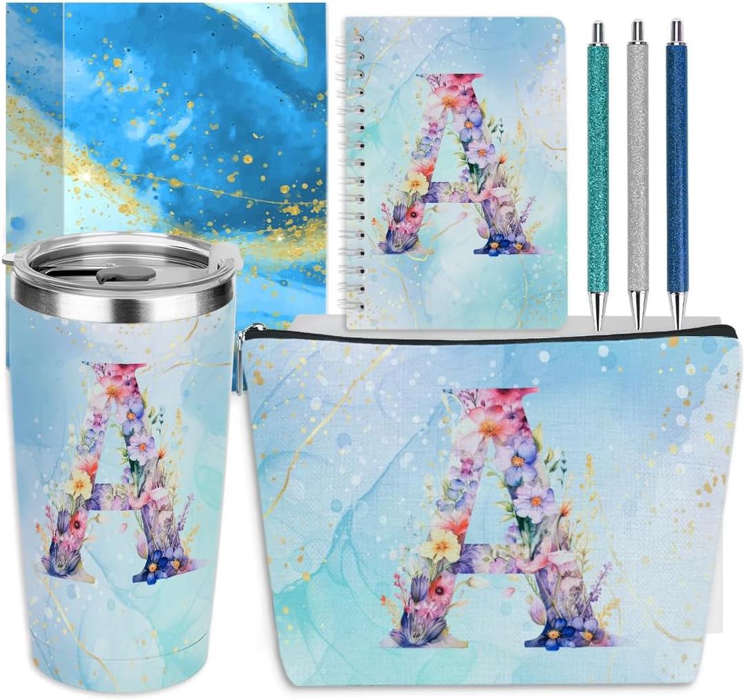Personalized Gifts Monogrammed Birthday Gifts for Women, Coworker Bride Appreciation Christmas Initial 20 oz Tumbler, Makeup Bag Cup Ballpoint Pens Journal Notebook 6 Set, (Aesthetic Blue Flower A)