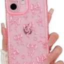 NITITOP Compatible with iPhone 16 Case Cute Clear Pink Glitter Bow Knot Design Shiny Star Sparkle Bling Diamond Girls Women Soft TPU Shockproof Protective Phone Cover - Dot Heart Bow