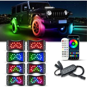 RGB LED Rock Lights Kit, Upgraded 210 Degrees Wide Angle Multicolor Chasing Underglow Neon Lighting Kit, Music Sync, 8Pcs 024007 0