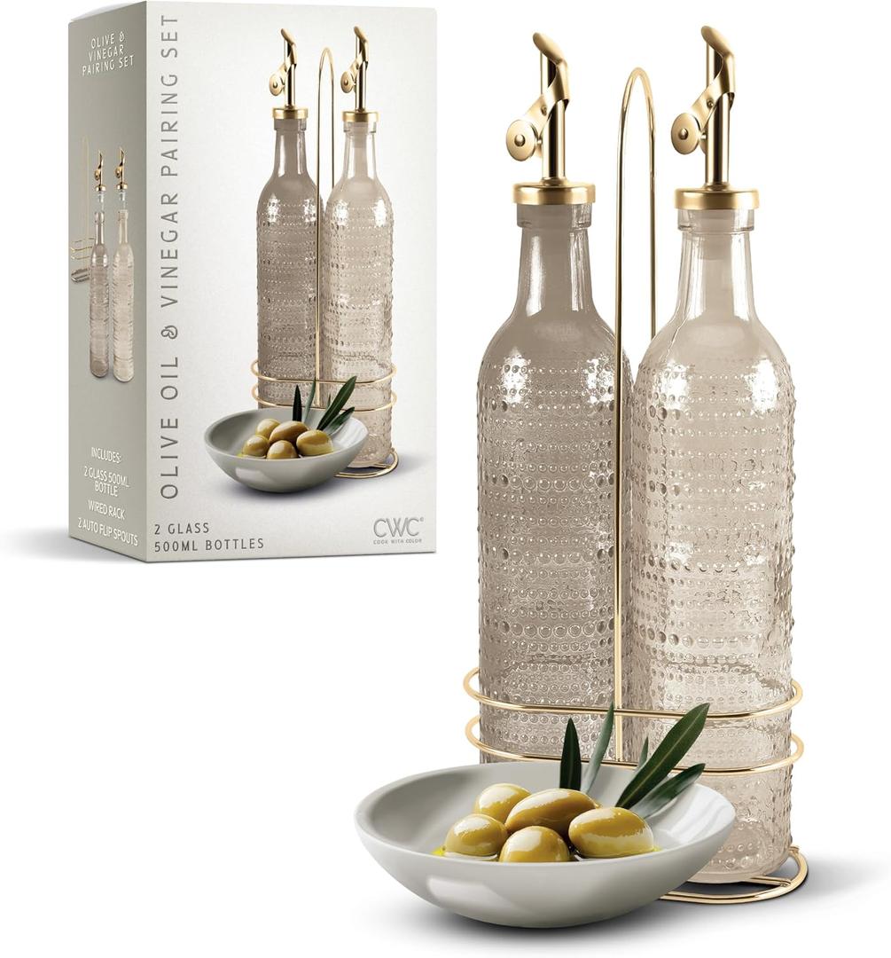 COOK WITH COLOR Glass Olive Oil Bottle Dispenser - 2 Pack- 17oz Oil and Vinegar Cruet - Olive Oil Carafe Decanter for Kitchen (Brown)