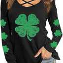 Roshop St Patricks Day Shirts Women Criss Cross V-Neck Holiday Long Sleev Lucky Irish Shamrock Party Shirt (Medium, Black Kelly Green E)