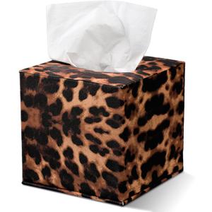 Leopard Cube Tissue Box 5.3 Inch PU Leather Square Modern Napkin Holder with Magnetic Closure for Living Room Bathroom Home Decor