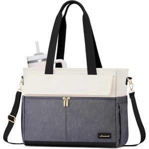 LOVEVOOK Laptop Bag for Women 15.6 Inch Canvas Laptop Large Capacity Work Bags Multiple Pockets Teacher Bag Water Resistant Computer Bags for Business Travel Nurse, Gray Beige