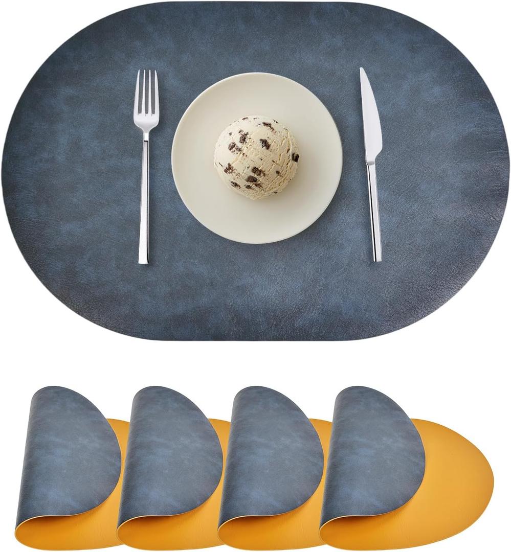 Oval Placemats Set of 4, Faux Leather Place Mats for Dining Table Dual Sided Placemats Heat Resistant Washable Wipeable Table Mats for Indoor Outdoor, Blue/Yellow