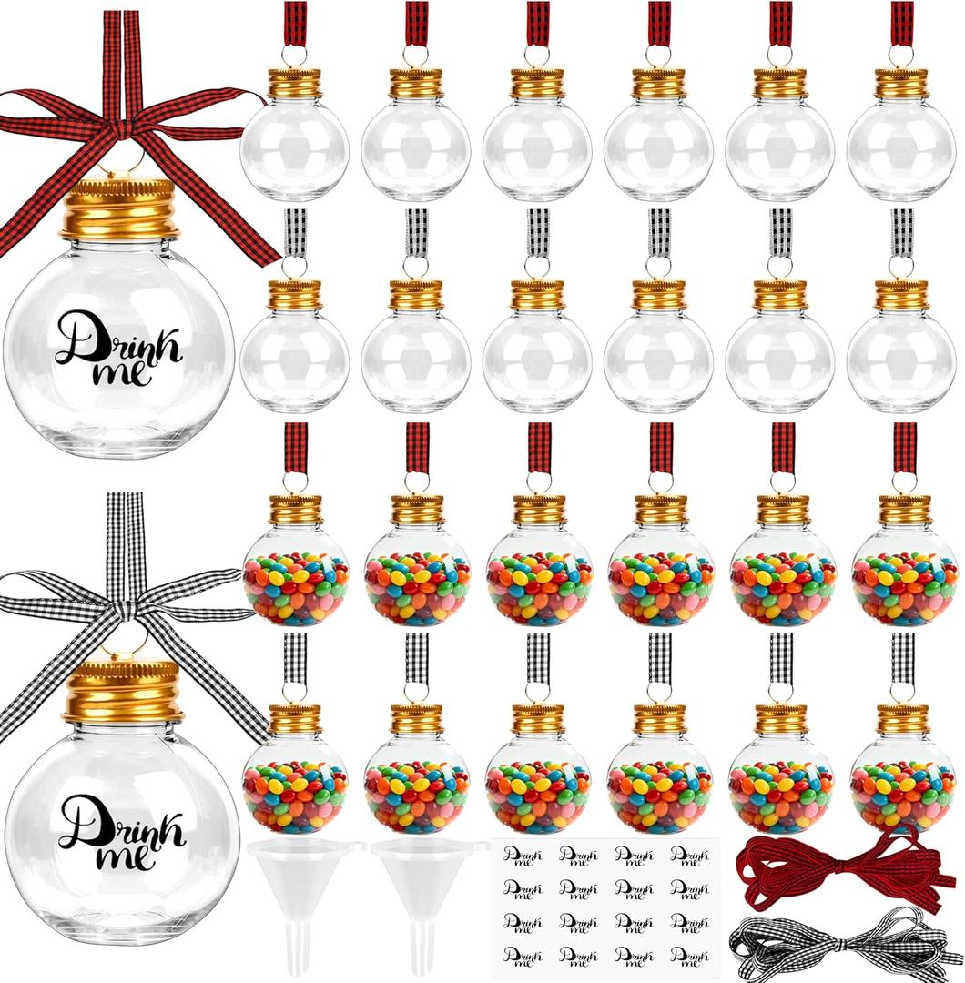 32 Pack Fillable Christmas Balls, Christmas Tree Hanging Ornaments Clear Plastic Water Bottle Bulbs Pendant Ball with Plaid Ribbon and Stickers for Xmas Home Party Decor (Big Bulbs)