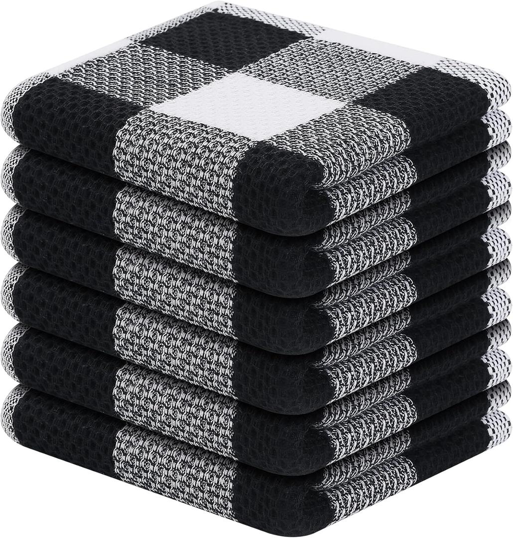 Homaxy 100% Cotton Waffle Weave Check Plaid Dish Cloths, 12 x 12 Inches, Super Soft and Absorbent Dish Towels Quick Drying Dish Rags, 6-Pack, White & Black