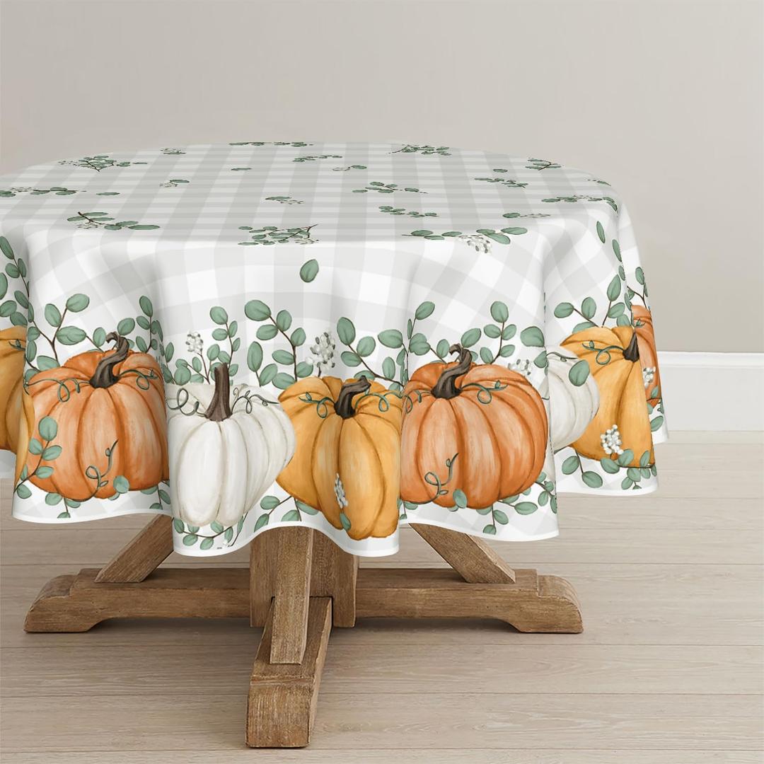 Horaldaily Fall Tablecloth 60x60 Inch Round, Thanksgiving Autumn Harvest Orange Pumpkin Buffalo Plaid Table Cover for Party Picnic Dinner Decor