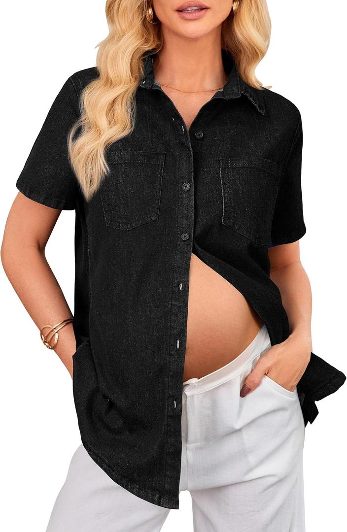 OUGES Womens Soft Stretchy Denim Shirt Summer Maternity Clothes Short Sleeve Jean Jacket Button Pregnancy Casual Coats (Black, L)