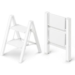 GameGem 2 Step Ladder, Folding Step Stool with Wider Pedal, Anti-Slip Feet & Non Slip Stripes, Aluminum Sturdy Material, 300Lbs Capacity, Elegant Look of Modern White Better Matches Your Home
