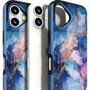 Compatible for iPhone 16 Plus Case Cute with Card Holder Shockproof Slim Slot Phone Wallet Cover for Women/Blue Pink Marble Natural Stone Swirls Painting Abstract