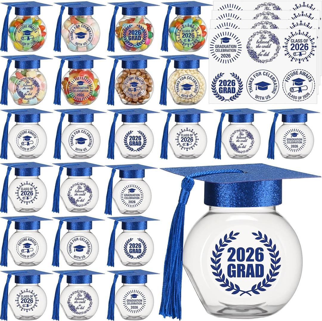 Yinkin 36 Pcs Graduation Cap Candy Jars with Sticker of 2026 Graduation Party Decorations Grad Cap Jars Container with Tassels for DIY Grad Table Party Favors (Blue)